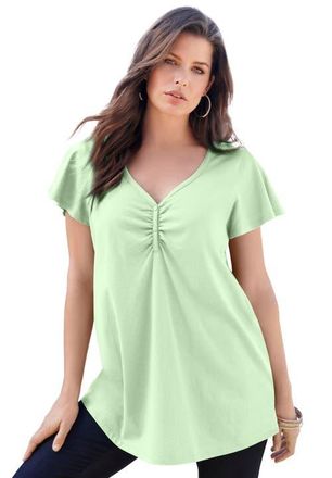 Roaman's Plus Size Cotton Ultimate Flutter Sleeve Sweetheart Tee in Green Mint at Nordstrom, Size 28