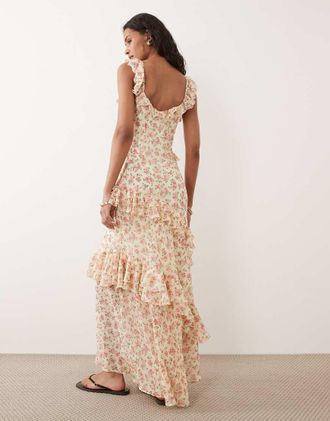 New Look Vestito lungo giallo con stampa a fiori e volant