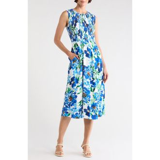 Calvin Klein Smocked Sleeveless Midi Dress in White Multi at Nordstrom Rack, Size 12