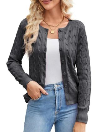 Grace Karin Womens Lightweight Cardigan Button Down Knitwear Sweater Tops Long Sleeve Cable Knit Shrugs Medium Grey XXL