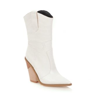 Generic Womens Mid-Calf Western Cowboy Boots Boots with Wedge Heel & Pointed Toe, Slip-on,White,5.5 UK