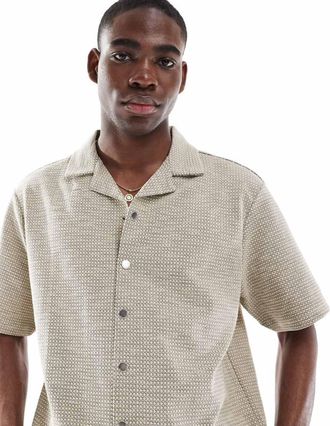 River Island revere collar textured shirt with taping in stone-Neutral