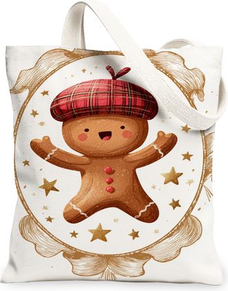 Generic Gingerbread Character Canvas Tote Bags, Holiday Design Reusable Grocery Bags, Winter Cozy Lightweight Washable Shoulder Tot, White, 13x15 Inch