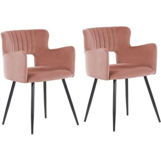 Beliani Beliani - Set of 2 Modern Dining Chairs Velvet Seat with Armrests Tufted Peach Pink Sanilac