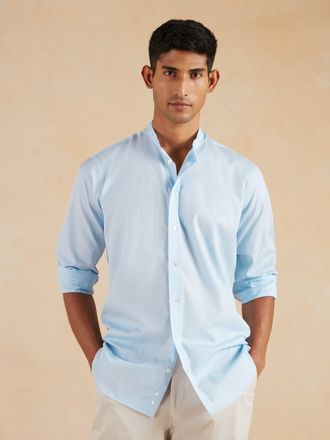Oliver Brown Grandad Collar Shirt Poplin - Sky blue