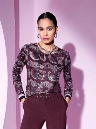 Cr&eacute;ation L Langarmshirt CREATION L Druck-Shirt, Damen, Gr. 36, beige (burgund, ecru, gemustert), 50% Baumwolle, 50% Polyester, gemustert, Rundhals, Shirts Langar