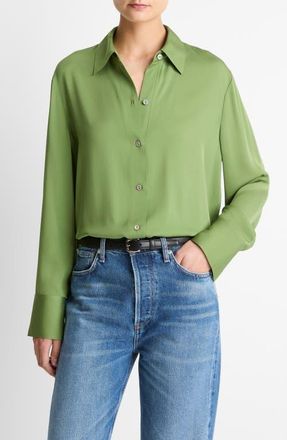 Vince Stretch Silk Button-Up Shirt in Clover at Nordstrom, Size Large