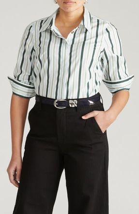 Universal Standard Elbe Stretch Poplin Button-Up Shirt in Green/White Stripe at Nordstrom, Size 2Xl
