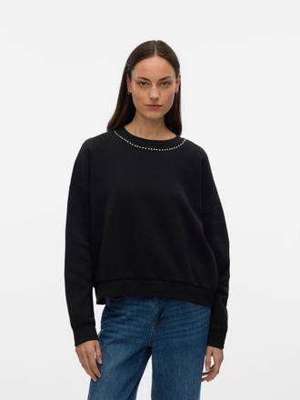 Vero Moda Langarmshirt VERO MODA VMLOTTE TRINA LS SWEAT BOX GA BF, Damen, Gr. XL, schwarz detail:neck studs, Jersey, Obermaterial: 52% Baumwolle, 48% Polyester,