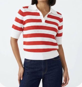 Autumn Cashmere Pointelle Polo Shirt In Red And White Stripe