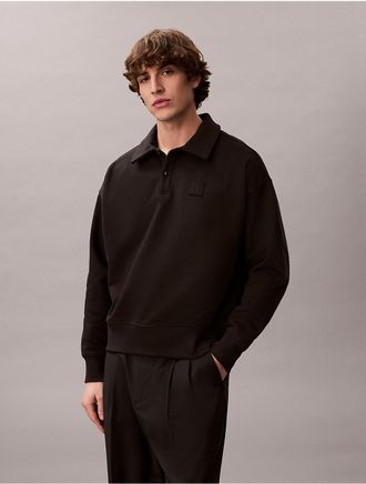 Calvin Klein Mens French Terry Emblem Logo Polo Sweatshirt - Black - XL