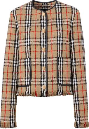Burberry Vintage-Check Bouclé collarless jacket - women - Cotton/Wool/Polyamide - 12 - Neutrals