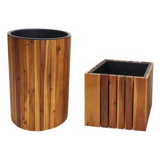 Hhg [nunca Usado] Juego De 2 Maceteros Hhg-584, Macetas Redondas Y Cuadradas Para Exterior De Madera De Acacia, Color Marr&oacute;n Mvg