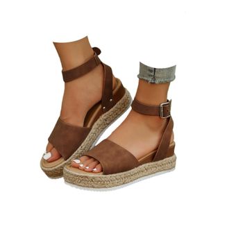 Generic Womens Platform Espadrilles Summer Open Toe Buckle Ankle Strap Beach Sandal Casual Comfortable Faux Leather Dressy Elegant Flats Sandals with Arch Sup