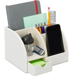 Relaxdays Portaoggetti da Scrivania, Similpelle, Organizer Ufficio & Studio, 4 Scomparti, Portapenne,13x19x15 cm, bianco - Relaxdays