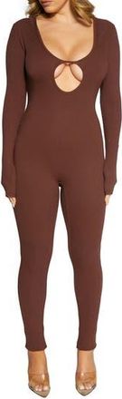 Naked Wardrobe Binding Deep Keyhole Long Sleeve Jumpsuit in Chocolate at Nordstrom Rack, Size X-Small
