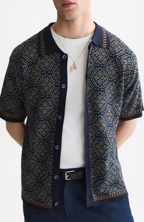 Scotch & Soda Jacquard Short Sleeve Button-Up Shirt in Soft Geo Sky Captain at Nordstrom, Size Xx-Large