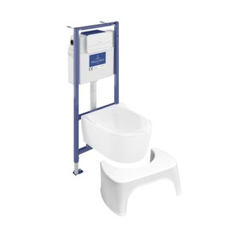Villeroy & Boch Pack Inodoro Suspendido Sin Reborde Villeroy Et Boch Avento + Estructura De Soporte Viconnect Pro + Asiento Con Cierre Suave + Placa Blanca + Taburete