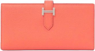 Herm&egrave;s Pink Pink Orange Soufre Chevre Leather Long Wallet (Bi-Fold) (Pre-Owned)