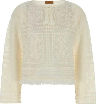 Alanui White Crochet Round Neck Sweater