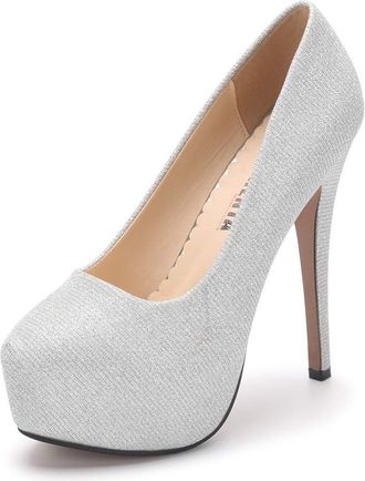 OCHENTA Womens Round Toe High Heel Platform Slip On Pumps for Party Wedding Glitter Sliver Asian Size 41 - UK B(M) 7.5