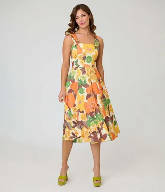 Unique Vintage Picnic Perfect Midi Dress in Orange Floral Print at Nordstrom, Size X-Large