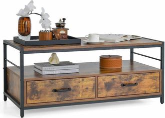 Costway Costway - Industrial Coffee Table Wooden Center Table with 2 Storage Drawers & Open Shelf