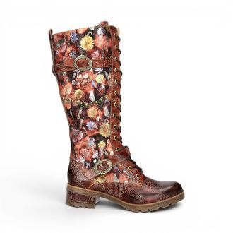 Laura Vita Laura Vita Victoriaanse Floral Maroon Leather High Strike-Up lange laarzen - Cocrailo-82