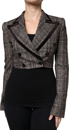 Dolce & Gabbana Womens Brown Plaid Long Sleeve Cropped Coat Jacket Cotton Alpaca Nylon Elastane Clothing