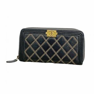 Chanel Black Leather Long Wallet (Bi-Fold) (Pre-Owned)