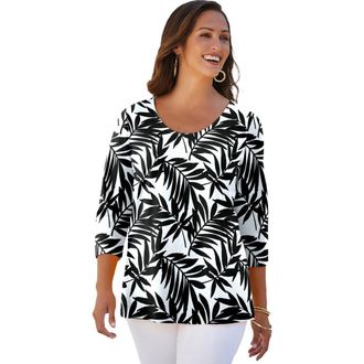 Jessica London Stretch Cotton Scoop Neck Tee in White Palm at Nordstrom, Size 24