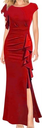 Generic Wedding Guest Dress Women UK High Split Maxi Dresses Ruched Mermaid Prom Evening Dress Sexy Solid Round Neck Short Sleeve Elegant Long Dresses Wedding