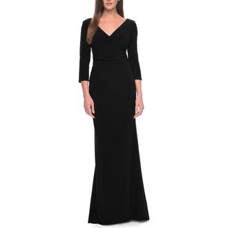 La Femme Long Evening Dress with Wrap Style Neckline in Black at Nordstrom, Size 12