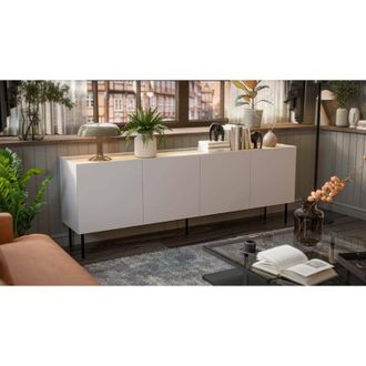 Dmora Aparador Sagrado, Aparador De Sal&oacute;n Con Cuatro Puertas Batientes Y Compartimentos Interiores, Elevado Del Suelo, 200x40 H70 Cm, Beige Y Roble