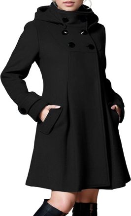 Generic Womens Hooded Pea Coat Double Breasted Warm Trench Coat Jacket Winter Outwear for Women Fall Work Casual Black 3X-Large