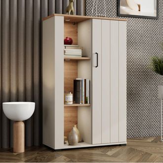 Dmora Vitrina Farra, Mueble Expositor 4 Estantes, 1 Puerta, 6 Compartimentos, 79x36x127h Cm Blanco Crema