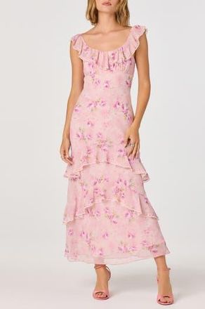 ASTR the Label Laisha Floral Ruffle Trim Midi Dress in Pink Floral at Nordstrom Rack, Size Small