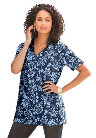 Roaman's Plus Size Cotton Ultimate V-Neck Tee in Navy Blue Floral at Nordstrom, Size 1X