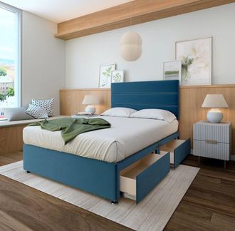 Bedmaster Memory Maestro Memory Foam Plush Velvet 4 Drawer Divan Set & Headboard in Blue | Size: Super King