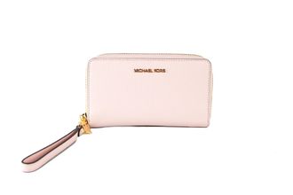 Michael Kors Jet Set Grote Signature Leer Flap Multifunctionele Telefoon Clutch Portemonnee (Poeder Roze Effen/Goud)