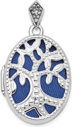 Diamond2Deal 14K White Gold Diamond Cut-out Tree with Blue Fabric Interior 23mm Oval Locket