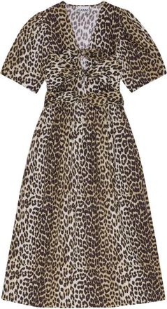 Ganni Luipaard Print Tie Strap Midi Jurk - Dames - Casual kleedjes - Bruin - S - Katoen - Kleedjes