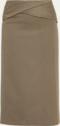 Victoria Beckham Wrap Waist Wool Twill Midi Skirt