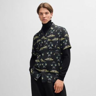 HUGO BOSS Hugo Mens Ellino 70s Film Graphics Shirt in Black Viscose - Size X-Large