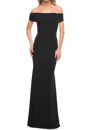 La Femme Beaded Off-Shoulder Gown In Black