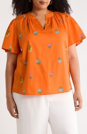 Sugarlips Floral Cotton Split Neck Top in Orange-Multi at Nordstrom, Size 3X