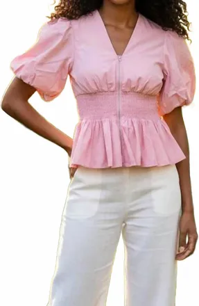 She + Sky Puff Sleeve Smocking Front Zipper Woven Top In Pink