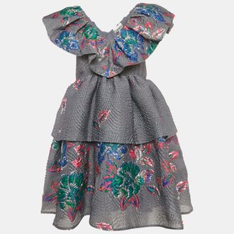 Ganni Ganni Grey Lurex Jacquard Tiered Mini Dress