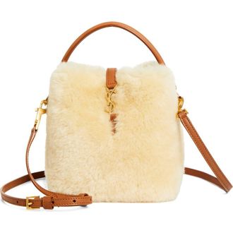 Saint Laurent Mini Le 37 Genuine Shearling Bucket Bag in Cream Beige/Brick at Nordstrom
