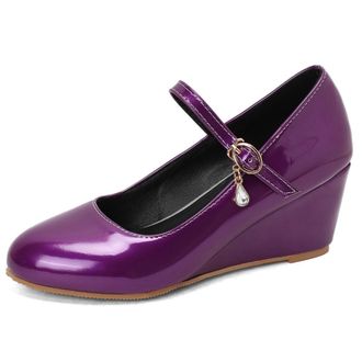 Generic Womens Mary Jane Wedge Shoes Adjustable Buckle Strap Teardrop Crystal Charm Round Toe Metallic PU Leather Non Slip Sole Comfortable Stylish Daily Shoe